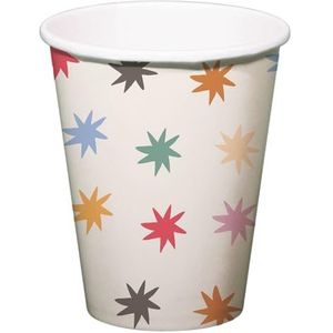 Folat 26860 Decoratie wit met kleurrijke sterren-drinkbeker-Starburst-250 ml-8 stuks vrolijk en kleurrijk feestservies voor kinderen en volwassenen verjaardag, meerkleurig