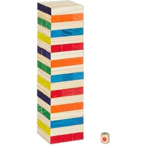 Relaxdays vallende toren, met 54 houten blokjes & dobbelsteen, gezelschapsspel, H x B x D: 27x7,5x7,5 cm, gekleurd