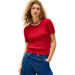 Tommy Hilfiger Gebreide trui met korte mouwen voor dames, Rood (Medium Rood), XXS