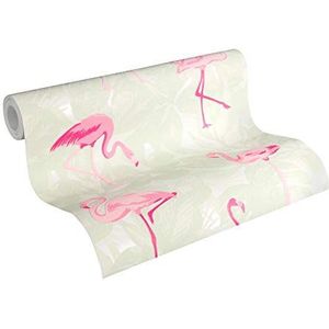 A.S. Création Vliesbehang Club Tropicana behang met flamingo's 10,05 m x 0,53 m crème roze wit Made in Germany 359801 35980-1