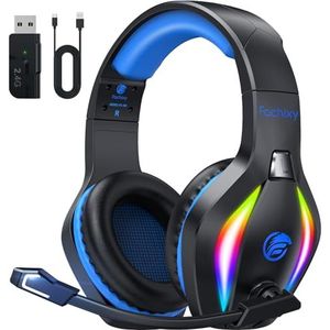 Fachixy FC100 headset met microfoon, 2,4 G draadloze gaming headset voor PS5, PS4, PC, Switch, Mac, surround sound, bluetooth gaming hoofdtelefoon draadloos met ledlicht, batterijduur meer dan 50 uur