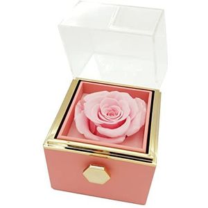 Creatieve 360 graden draaibare geconserveerde echte roos sieraden ringdoos voor voorstel, bruiloft, ceremonie cadeau, ketting sieraden etui geschenkdozen voor verjaardag (roze)