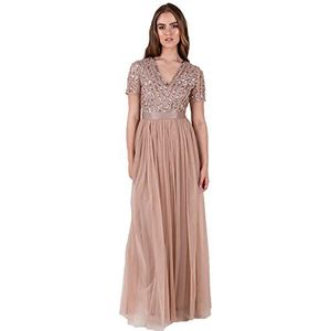 Maya Deluxe Maxi-jurk voor dames, bruidsmeisje, V-hals, baljurk met korte mouwen, lang, elegant, empire-taille, bruiloft, Taupe Blush, 36