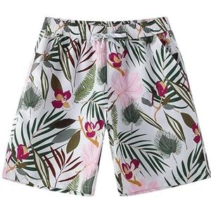 Little Hand Heren Beach Boxershorts voor heren, zwemshorts, strandshorts voor heren, sneldrogend, zwemsokken, strandmode met zak, roze bloemen en groene bladeren, XL