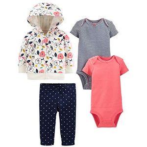 Simple Joys by Carter's 4-delige set met jas, broek en bodysuit voor babymeisjes, Koraalroze/ecru bloemen/marine stippen/streep, 12 Maanden