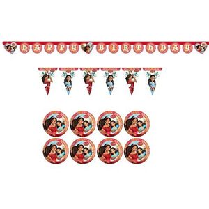 ALMACENESADAN, 4873 Disney Elena van Avalor, bestaande uit 8 papieren borden van 23 cm en vlaggetjesslinger en Happy Birthday-slinger ca. 2,40 meter