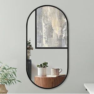 Americanflat 50 x 100 cm, zwart, ovale spiegel, aluminium frame, grote ovale spiegel, zwarte badkamerspiegel, wandspiegel voor woonkamer en slaapkamer, hangspiegel met modern afgerond frame