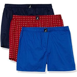 Nautica Katoenen geweven boxershorts voor heren, verpakking van 3 stuks, Peacoat/Bright Cobalt/Anker Print Rood, L