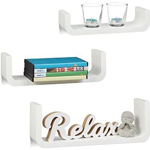 Relaxdays Wandplank set van 3, decoratieve U-vormige wandplanken, kleine houten planken 10 cm diep, tot 40 cm breed, wit, 10 x 39,5 x 14 cm