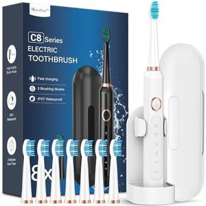 Coulax Coulax Sonische elektrische tandenborstel, oplaadbare tanden met 8 borstelkoppen, tas, 5 modi, wit glanzend