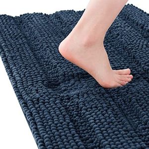 subrtex Badkamertapijten Chenille Badkleed Gestreepte Pluche Badmat Zachte Tapijten voor Badkamer Waterabsorberende Douchemat Sneldrogende Machine Wasbaar (Navy, 24 ""x60"")