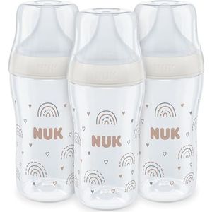 NUK Perfect Match Flessenset, 3 maanden, past zich aan het gehemelte van de baby aan | temperatuurregeling | anti-koliek ontluchting | 260 ml | BPA-vrij | medium zuiger van siliconen | regenboog | 3