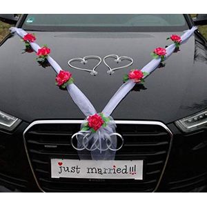 ORGANZA M + harten jonggehuwden roos decoratie auto decoratie autosieraden bruiloft auto bruiloft decoratie ratan slinger ®Auto-schmuck PKW (bordeauxrood/wit/wit)