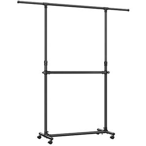 SONGMICS LLLR401B01 Dubbele Kledingrek, Kledingrek met Uitschuifbare Top Rail, Kledingrek op wielen, 113-180 cm in hoogte verstelbaar kledingrek, verstelbare middenrail, zwart LLR401B01