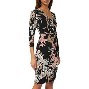 Gina Bacconi Damesjurk met bloemenprint, jersey-wikkeljurk, Zwart/Beige, 38