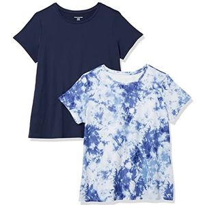 Amazon Essentials Dames Tech Stretch T-shirt met korte mouwen en ronde hals (verkrijgbaar in grote maten), 2-Pack, Marineblauw/Wit Tie-dye, XL Grote maten