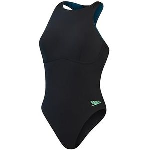 Speedo Racer-badpak met ritssluiting voor dames, met geïntegreerde zwembeha, zwemfitness, zacht gevoel, premium badmode, Zwart/Harlekijn Groen, 42