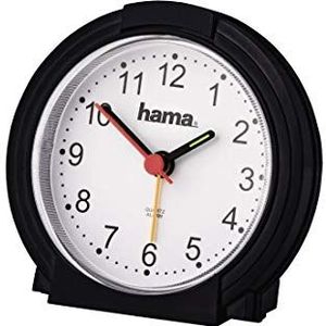 Hama Analoge wekker zonder tikken (klok op batterijen met alarmfunctie, wekker met licht, fluorescerende uur- en minutenwijzer, instelbare alarmtijd, 12,5 x 6,5 x 17 cm) zwart