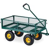 Relaxdays bolderkar, handige transportkar voor tuin, luchtbanden, draagvermogen 200 kg, bolderwagen staal, groen-geel