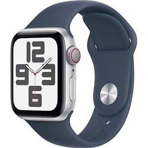 Apple Watch SE (2e generatie, 2023) (GPS + Cellular 40 mm) Smartwatch - Kast van zilverkleurig aluminium - Stormblauw sportbandje M/L. Conditie en slaap bijhouden, ongelukdetectie, hartritme monitoren
