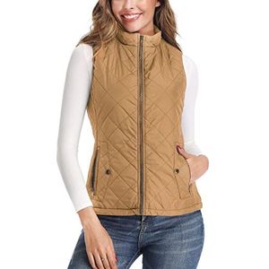 Longking - Damesvest met opstaande kraag, lichtgewicht, gewatteerd vest met ritssluiting, Kameel, XXL