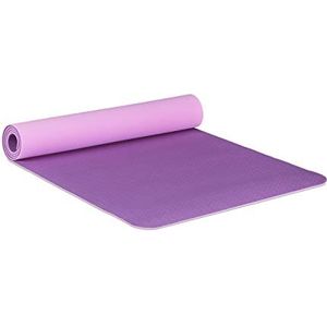 Relaxdays yogamat 60 x 180 cm, 5 mm dik, sportmat voor pilates of fitnessoefeningen, met draaggordel, roze/paars