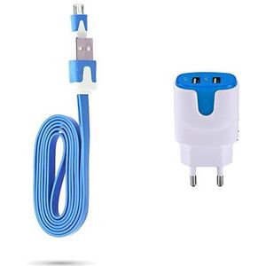 Set oplader voor Samsung Galaxy J4+ Smartphone Micro-USB-kabel 1 m oplader + dubbel stopcontact kleur USB (blauw)