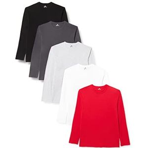Lower East Heren Shirt met lange mouwen en ronde hals, gemaakt van 100% katoen, Wit/zwart/rood/forged iron/grijs melange, set van 5, XXL