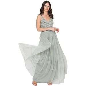Maya Deluxe Maxi-jurk voor dames, lange lengte, bruiloftsgast, bruidsmeisje, gala, zomer, avondjurk, V-hals, bandjes, vlinderdas, Groene Lelie, 32