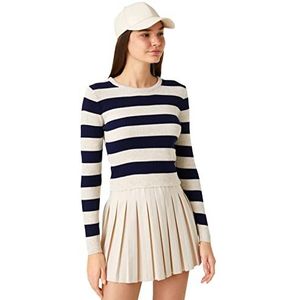 Koton Dames Crop Stripe Crew Neck Lange Mouwen Geribbeld Pullover Sweater Sweater, Navy Stripe (7s0), L