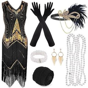 PLULON Jaren 20 flapper franjes pailletten jurk met jaren 20 accessoires set V-hals Gatsby jurk met flapper veer hoofddeksel lange handschoenen ketting gouden oorbellen voor vrouwen