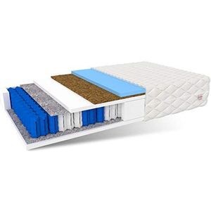 FDM RODOS Pocketveringmatras, 90 x 200 cm, 7-zones, kokos-inleg, 22 cm hoogte, hardheidsgraad H2/H3, tweezijdig, zeer elastisch schuim, HR-polyurethaanschuim, polyester, Öko-Tex