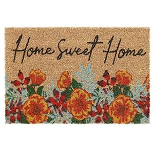 Relaxdays deurmat kokos, bloemen, Home Sweet Home, 40x60 cm, antislip schoonloopmat voor binnen & buiten, kleurrijk