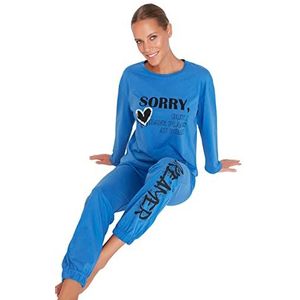 Trendyol Dames Plain Midden Gebreid T-shirt-Broek Pyjama Set, Blauw, M