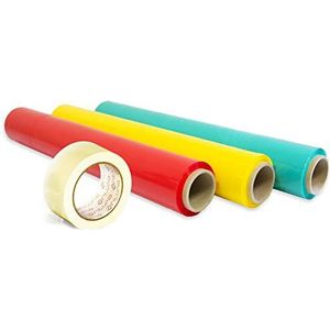 Verpakking met 3 gekleurde films + transparant plakband, elastische rol, 50 cm, uittrekbaar tot 300 m, bescherming voor verhuizingen en verpakkingen (rood, geel en groen + transparant plakband)