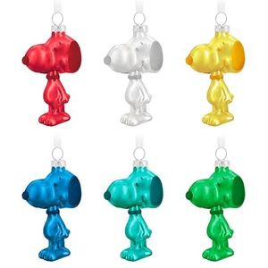Hallmark Pinda's glazen ornamenten, 6 stuks, kleurrijke SNOOPY figuren, hangende ornamenten, Kerstmis, rood, wit, geel, blauw, groen
