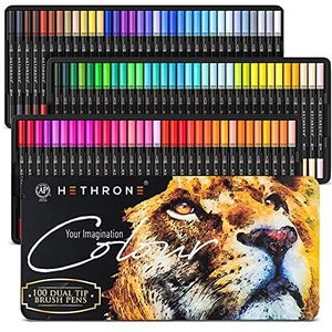 Hethrone 100 kleuren dual tip brush pennen, kunstenaar pennen markers voor volwassenen kinderen tekenen kleuren kalligrafie letters schrijven (100 kleuren zwart)