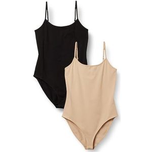 Amazon Essentials Dames Slim-Fit Cami Bodysuit, Pack van 2, Zwart/Licht Camel, Medium