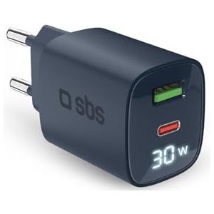 SBS Oplader met meerdere poorten 30 W met LCD, 1 USB-C-aansluiting en 1 USB-A-aansluiting, EU-stekker, Power Delivery, ideaal voor Android-smartphones, iPhone, tablets, MacBook