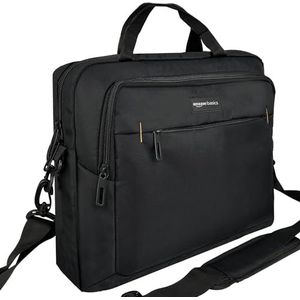 Amazon Basics Compacte laptoptas, schoudertas/draagtas met vakken voor het opbergen van accessoires, voor laptops tot (17,3 inch - 44 cm), zwart, 1 stuk
