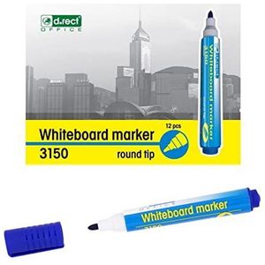 D.RECT 3150 Whiteboard-marker voor whiteboards en flipcharts, afwasbaar glasboard marker ronde punt 12 stuks blauw