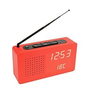 Fisura - Radiowekker, klok, draagbare desktopradio, digitale wekker met radio, 17,7 x 4,5 x 9 cm, materiaal: hout (Rood)