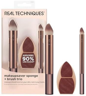 Real Techniques Makeupsaver Spons + Kwastentrio, make-upspons & borstels voor vloeibare en crème formules, natuurlijke finish, minder make-upverspilling, latexvrij & diervriendelijk, 3-delige set
