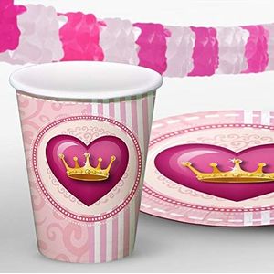 Folat 22953 Partypakket 19-delig kinderverjaardag prinses feestservies borden, bekers, troden en papieren slinger 6 personen prinses feest verjaardag decoratie meisjes, roze, M