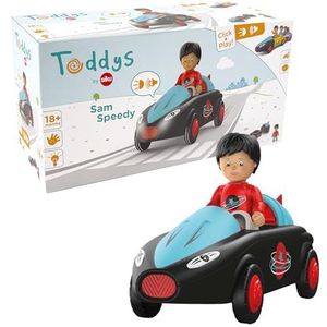 Toddys by siku 0115, Sam Speedy, 3-delig voertuig met licht en geluid, combineerbaar, inclusief beweegbaar speelgoedfiguur, hoogwaardige vliegwielmotor, vanaf 18 maanden, zwart/turquoise