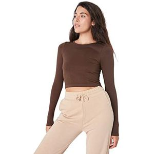 Trendyol Dames vrouw sportkleding gewas standaard ronde hals gebreide blouse shirt, donkerbruin, M/L, DONKERBRUIN, M