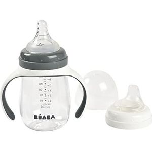 Béaba - Drinkbeker - 2-in-1 babyfles - kinderbeker met rietje - 100% dicht - gemakkelijk te openen - afneembare handgrepen - ritaan en siliconen - 210 ml - mineraalgrijs, 913532