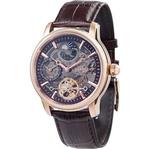 Thomas Earnshaw Mens 44mm Longitude Dual Time Automatisch Skeleton Horloge met Lederen Band ES-8063, Kersen Bruin, Riem