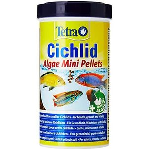 Tetra Cichlid Algae Mini-pellets, visvoer met Spirulina-algen voor de bijzondere voedingsbehoeften van kleine, alles- en plantenetende cichliden, 500 ml blik