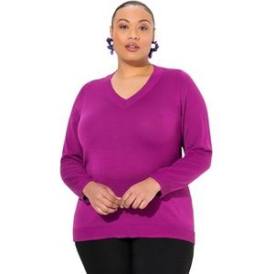 Ulla Popken Damestrui, grote maten, plus size, V-hals, lange mouwen, zacht fijn gebreid, bes, 46-48
